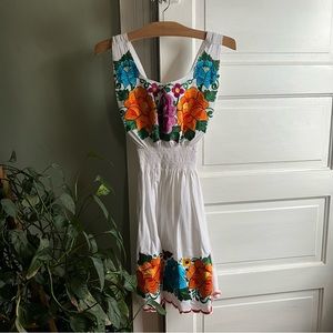 Traditional Mexican style floral embroidered white sleeveless dress